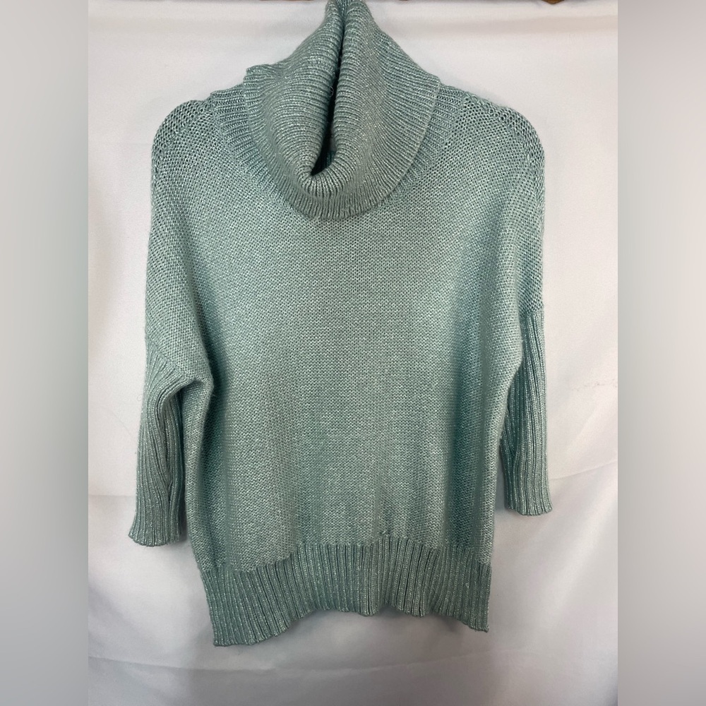 Chunky knit teal sweater with a metallic thread through it, slouchy turtleneck.